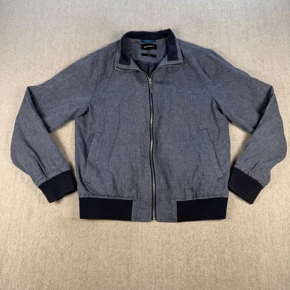Bonobos Bomber Jacket Men M Gray Blue Linen Cotton Blend Zip Harrington